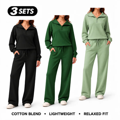 Women's Cotton-Blend Lightweight Relaxed-Fit Half-Zip Tracksuit Set