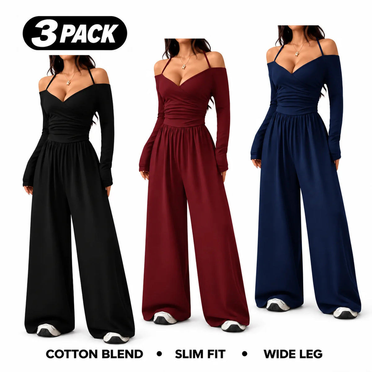 Women's Cotton-Blend Slim-Fit Pleated Off-Shoulder Wide-Leg Jumpsuit