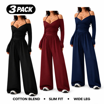 Women's Cotton-Blend Slim-Fit Pleated Off-Shoulder Wide-Leg Jumpsuit