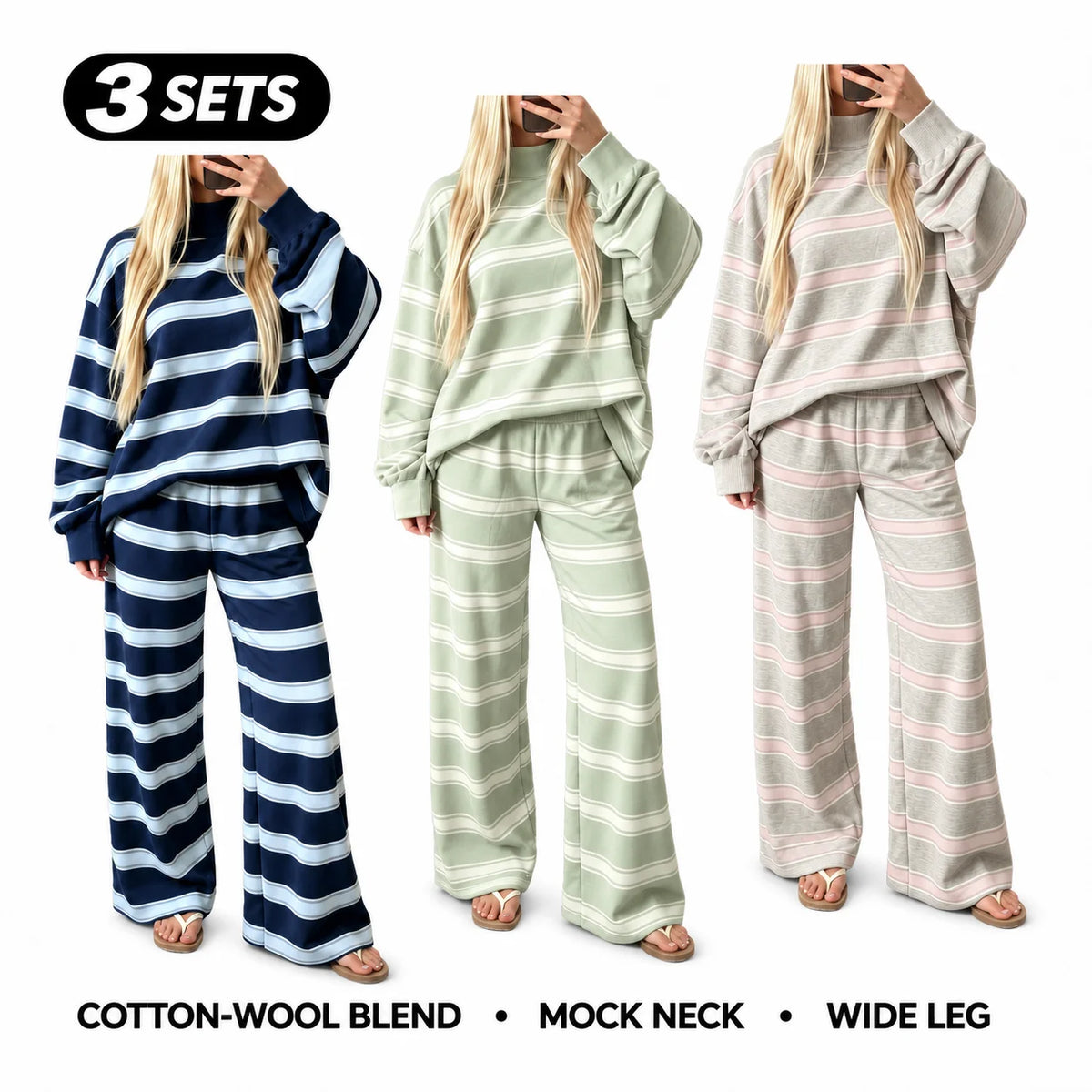 Women’s Cotton-Wool Striped Knit Mock-Neck Pullover & Wide-Leg Pants Set