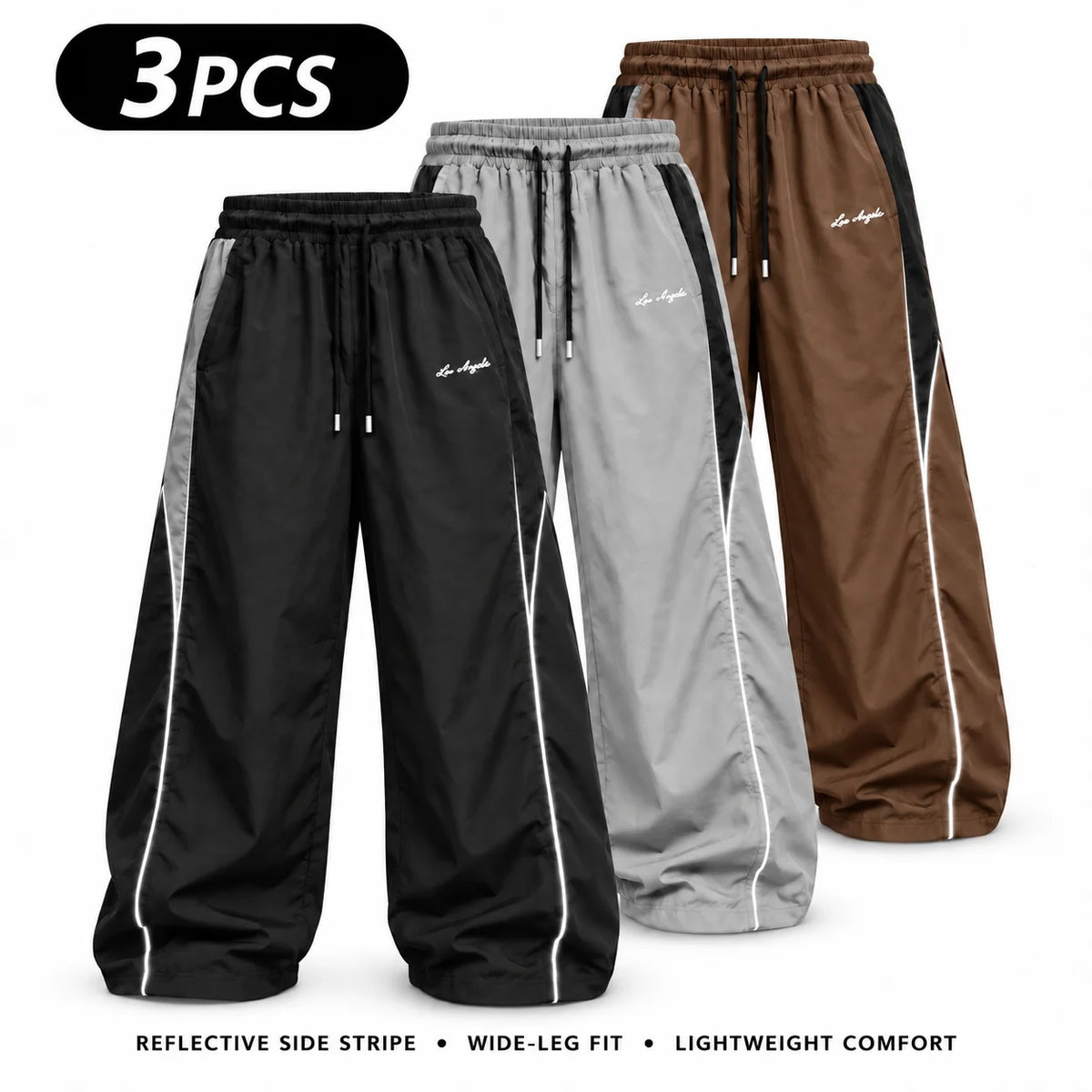 Men's Reflective Side Stripe Wide-Leg Streetwear Pants