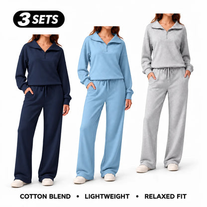 Women's Cotton-Blend Lightweight Relaxed-Fit Half-Zip Tracksuit Set