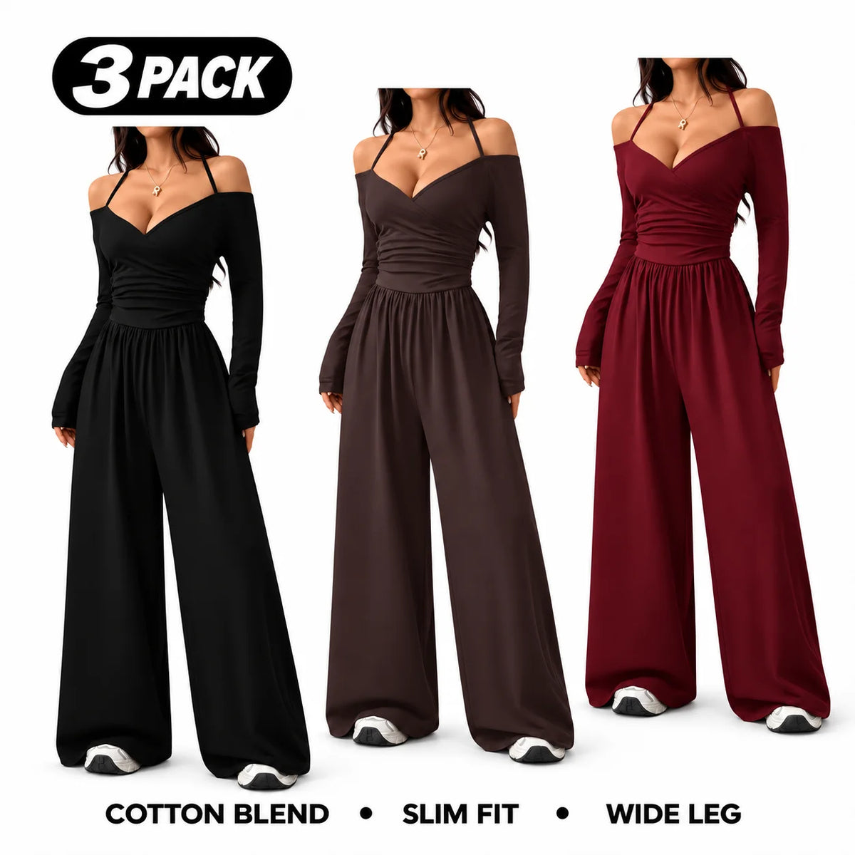 Women's Cotton-Blend Slim-Fit Pleated Off-Shoulder Wide-Leg Jumpsuit