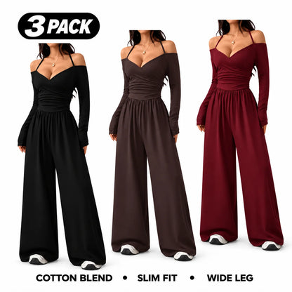 Women's Cotton-Blend Slim-Fit Pleated Off-Shoulder Wide-Leg Jumpsuit