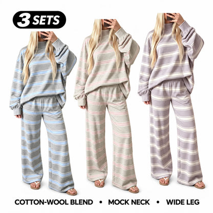Women’s Cotton-Wool Striped Knit Mock-Neck Pullover & Wide-Leg Pants Set