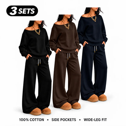 Women's 100% Cotton Two-Piece Set with Asymmetrical Sweatshirt & Wide-Leg Pants