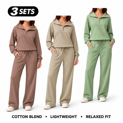 Women's Cotton-Blend Lightweight Relaxed-Fit Half-Zip Tracksuit Set