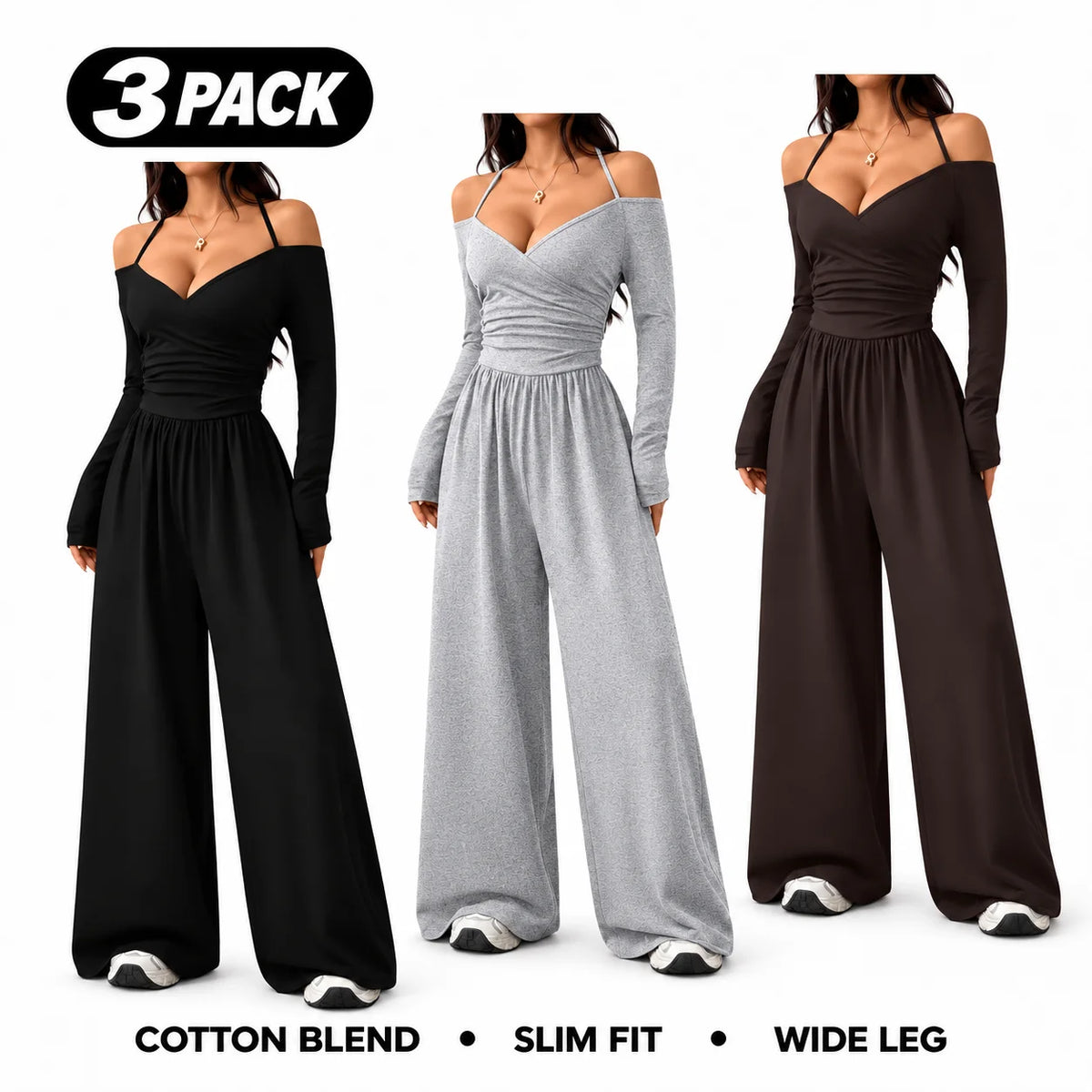 Women's Cotton-Blend Slim-Fit Pleated Off-Shoulder Wide-Leg Jumpsuit