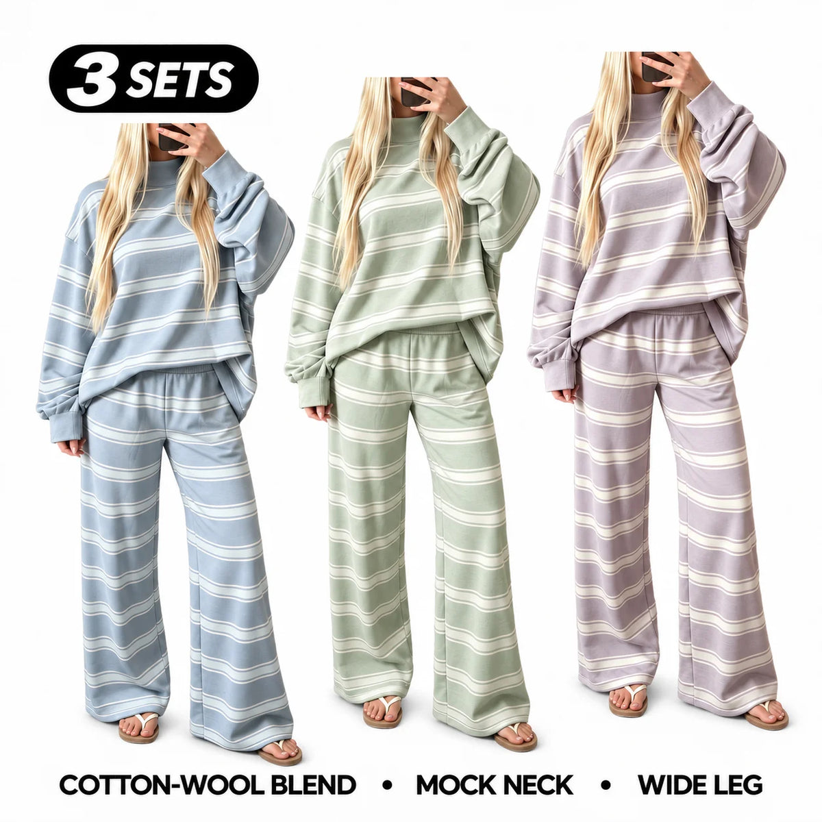 Women’s Cotton-Wool Striped Knit Mock-Neck Pullover & Wide-Leg Pants Set