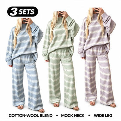 Women’s Cotton-Wool Striped Knit Mock-Neck Pullover & Wide-Leg Pants Set