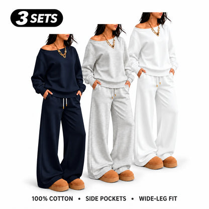 Women's 100% Cotton Two-Piece Set with Asymmetrical Sweatshirt & Wide-Leg Pants
