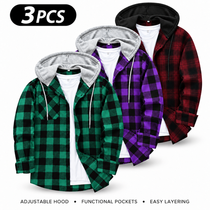 Men's Flannel Plaid Hooded Drawstring Jacket with Pockets