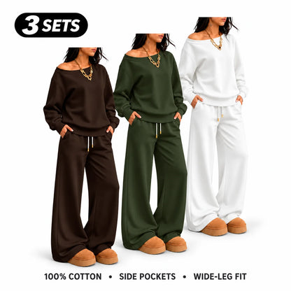 Women's 100% Cotton Two-Piece Set with Asymmetrical Sweatshirt & Wide-Leg Pants