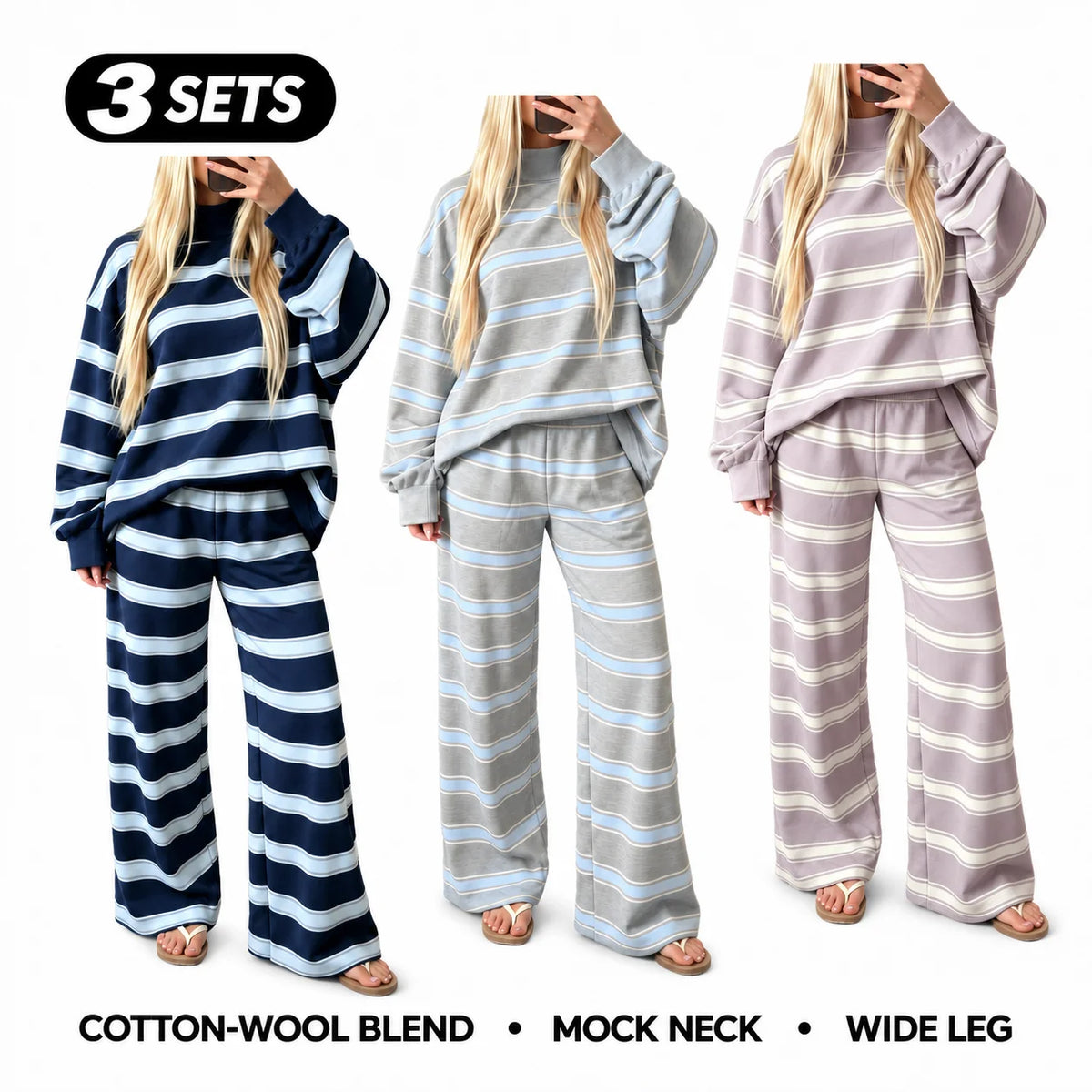 Women’s Cotton-Wool Striped Knit Mock-Neck Pullover & Wide-Leg Pants Set