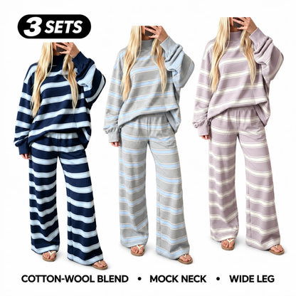 Women’s Cotton-Wool Striped Knit Mock-Neck Pullover & Wide-Leg Pants Set