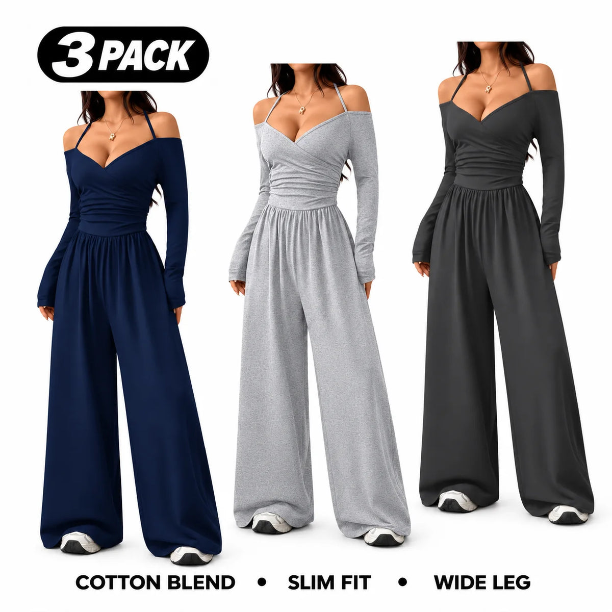 Women's Cotton-Blend Slim-Fit Pleated Off-Shoulder Wide-Leg Jumpsuit