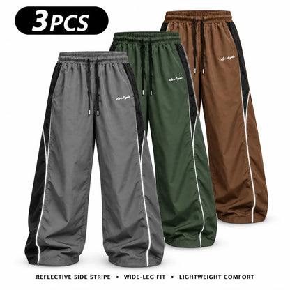 Men's Reflective Side Stripe Wide-Leg Streetwear Pants