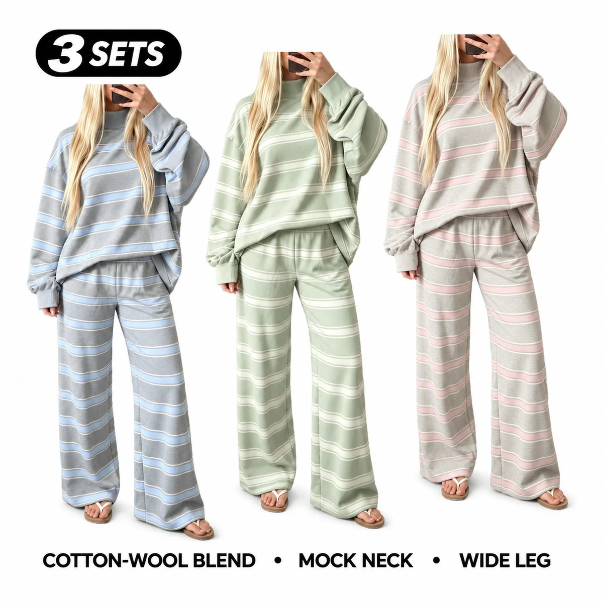 Women’s Cotton-Wool Striped Knit Mock-Neck Pullover & Wide-Leg Pants Set