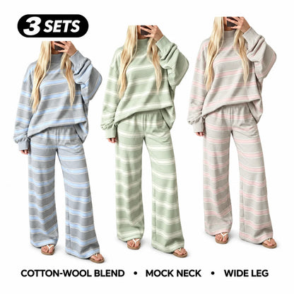 Women’s Cotton-Wool Striped Knit Mock-Neck Pullover & Wide-Leg Pants Set