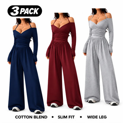 Women's Cotton-Blend Slim-Fit Pleated Off-Shoulder Wide-Leg Jumpsuit