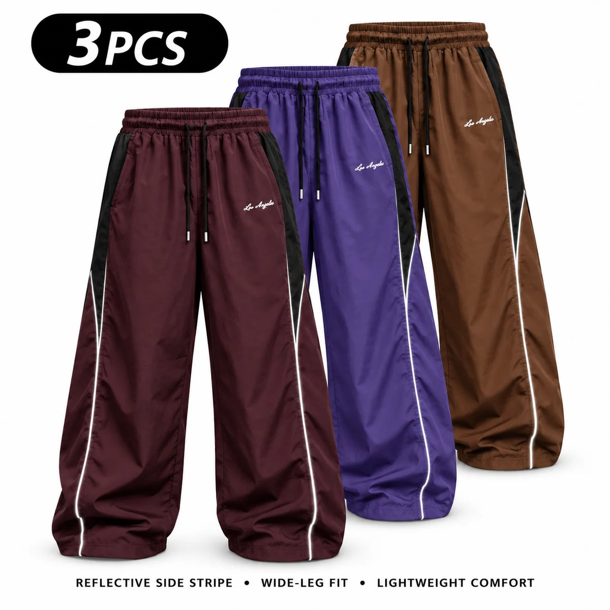 Men's Reflective Side Stripe Wide-Leg Streetwear Pants
