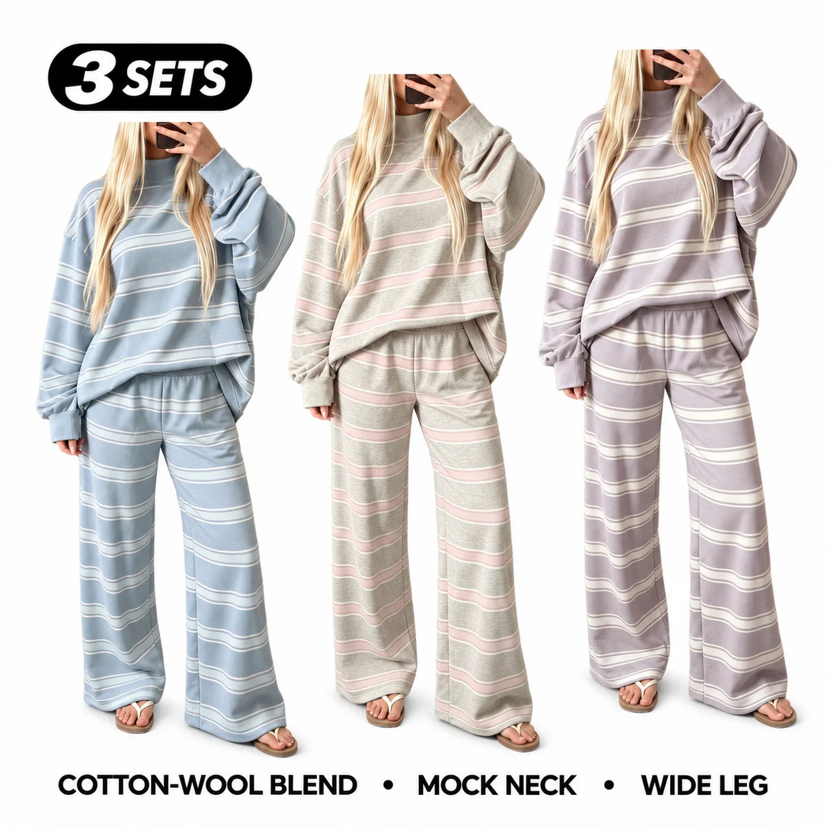 Women’s Cotton-Wool Striped Knit Mock-Neck Pullover & Wide-Leg Pants Set