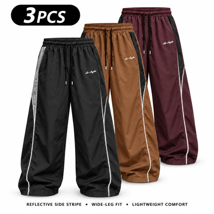 Men's Reflective Side Stripe Wide-Leg Streetwear Pants