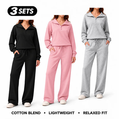 Women's Cotton-Blend Lightweight Relaxed-Fit Half-Zip Tracksuit Set