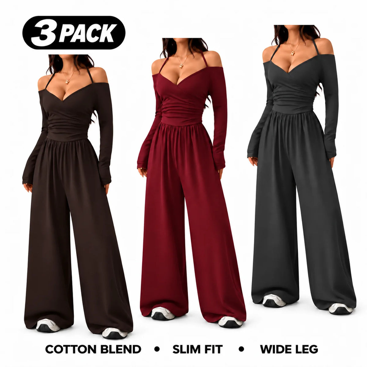 Women's Cotton-Blend Slim-Fit Pleated Off-Shoulder Wide-Leg Jumpsuit