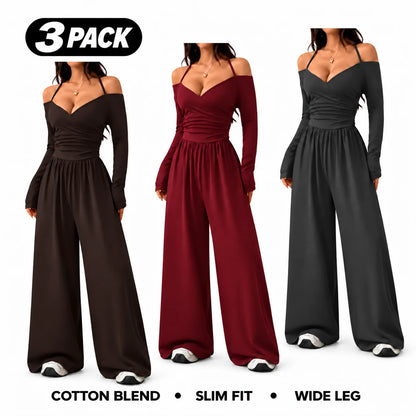 Women's Cotton-Blend Slim-Fit Pleated Off-Shoulder Wide-Leg Jumpsuit