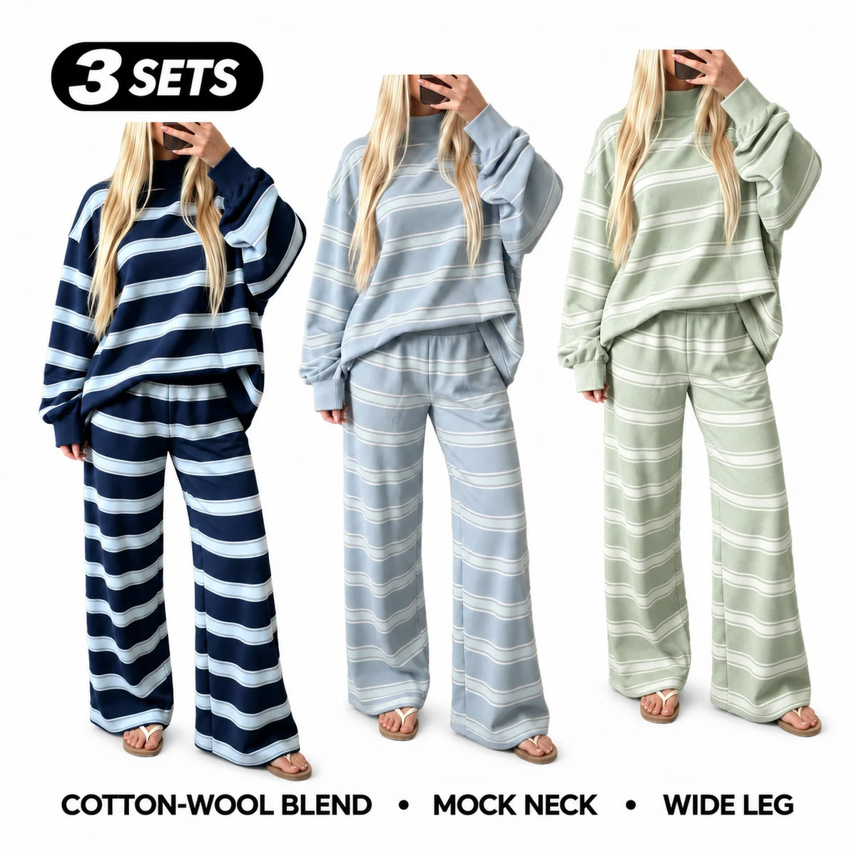 Women’s Cotton-Wool Striped Knit Mock-Neck Pullover & Wide-Leg Pants Set