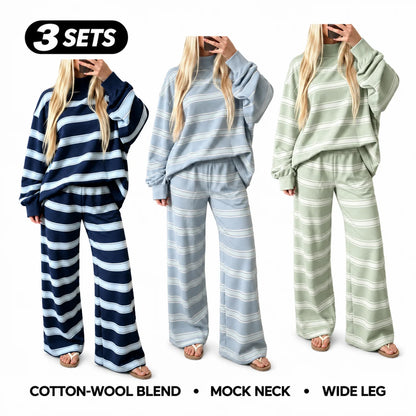 Women’s Cotton-Wool Striped Knit Mock-Neck Pullover & Wide-Leg Pants Set