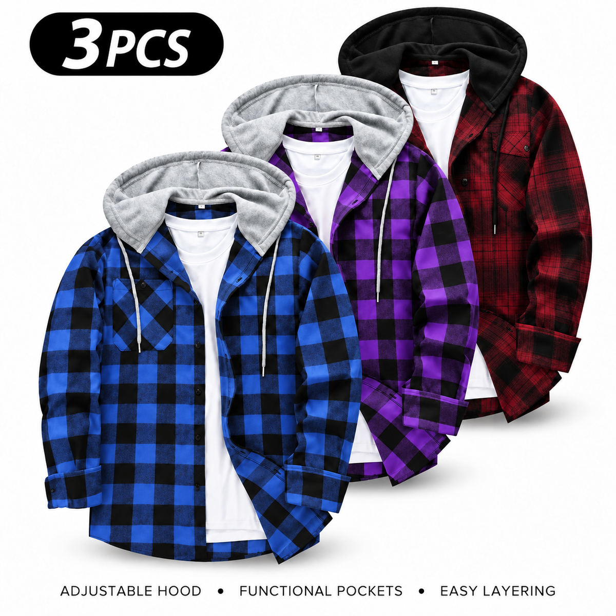 Men's Flannel Plaid Hooded Drawstring Jacket with Pockets