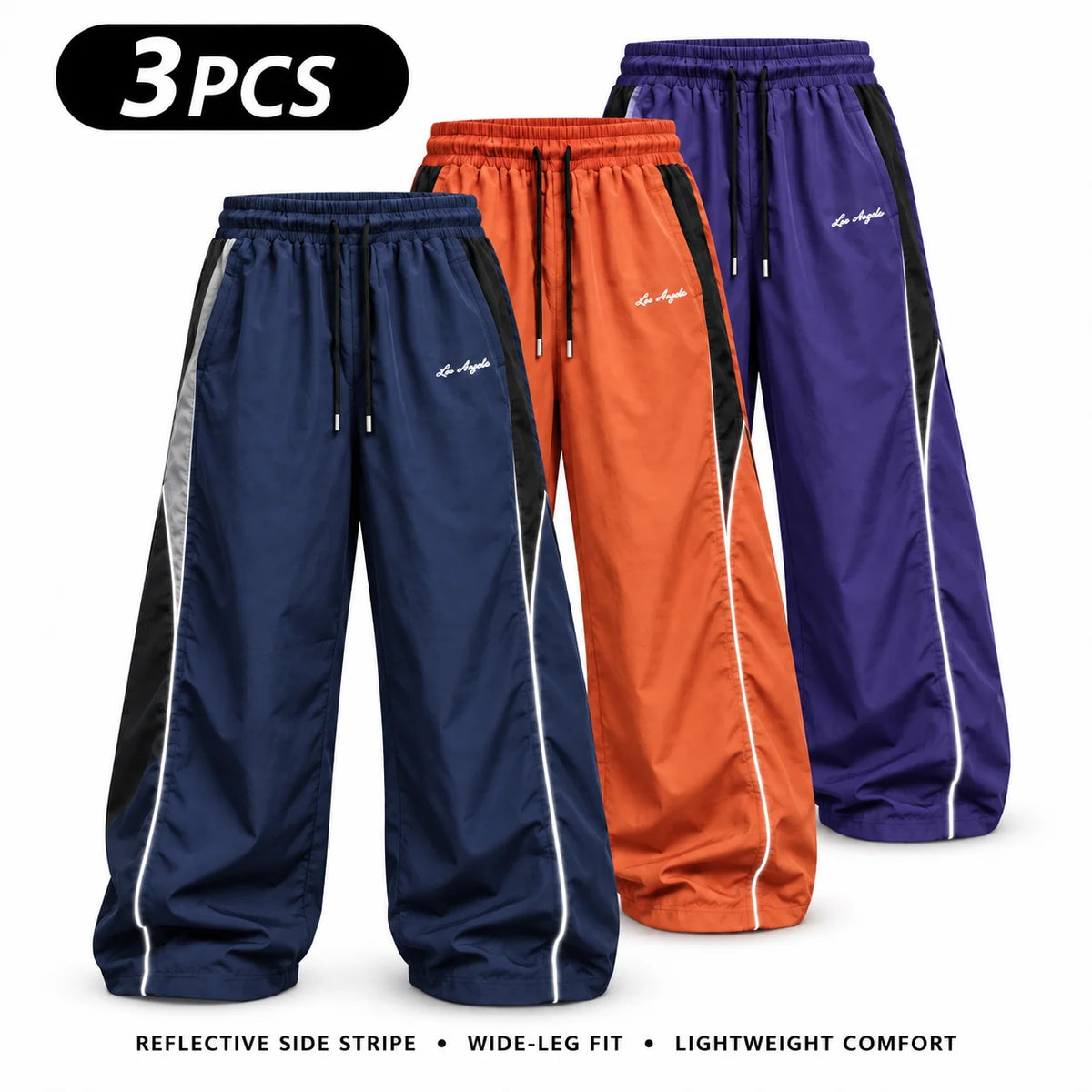 Men's Reflective Side Stripe Wide-Leg Streetwear Pants