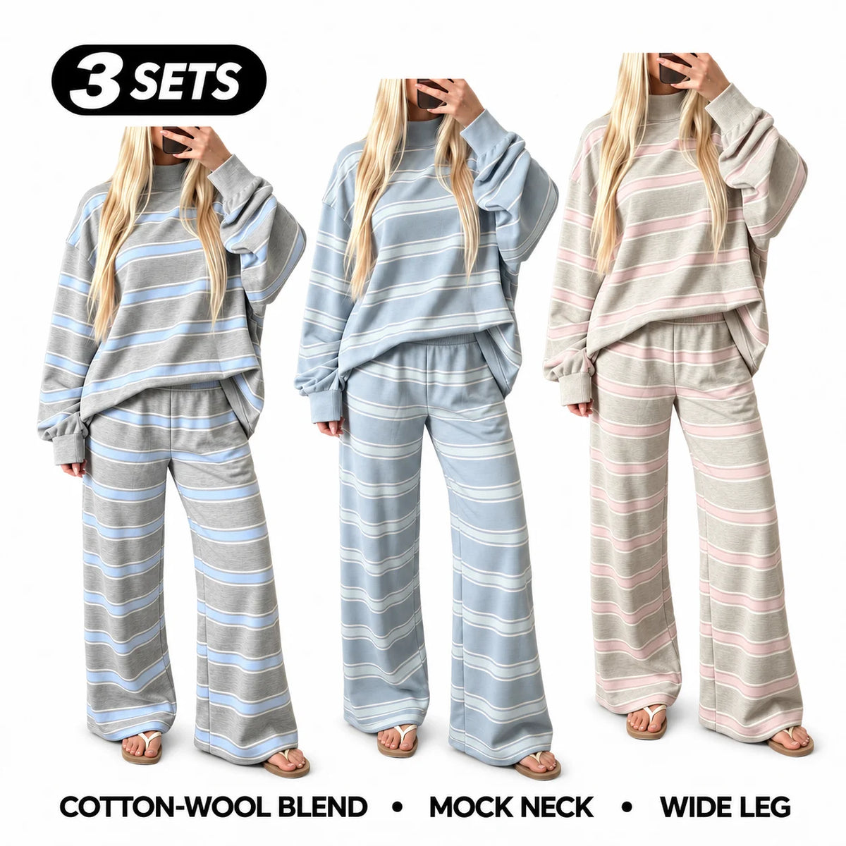 Women’s Cotton-Wool Striped Knit Mock-Neck Pullover & Wide-Leg Pants Set