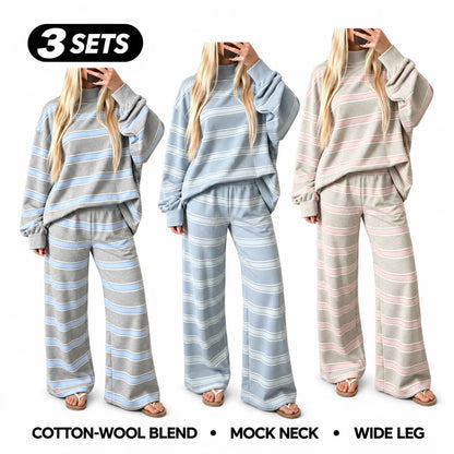 Women’s Cotton-Wool Striped Knit Mock-Neck Pullover & Wide-Leg Pants Set