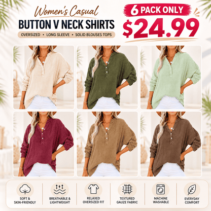 Womens Casual Button V Neck Long Sleeve Shirts Oversized Solid Blouses Tops