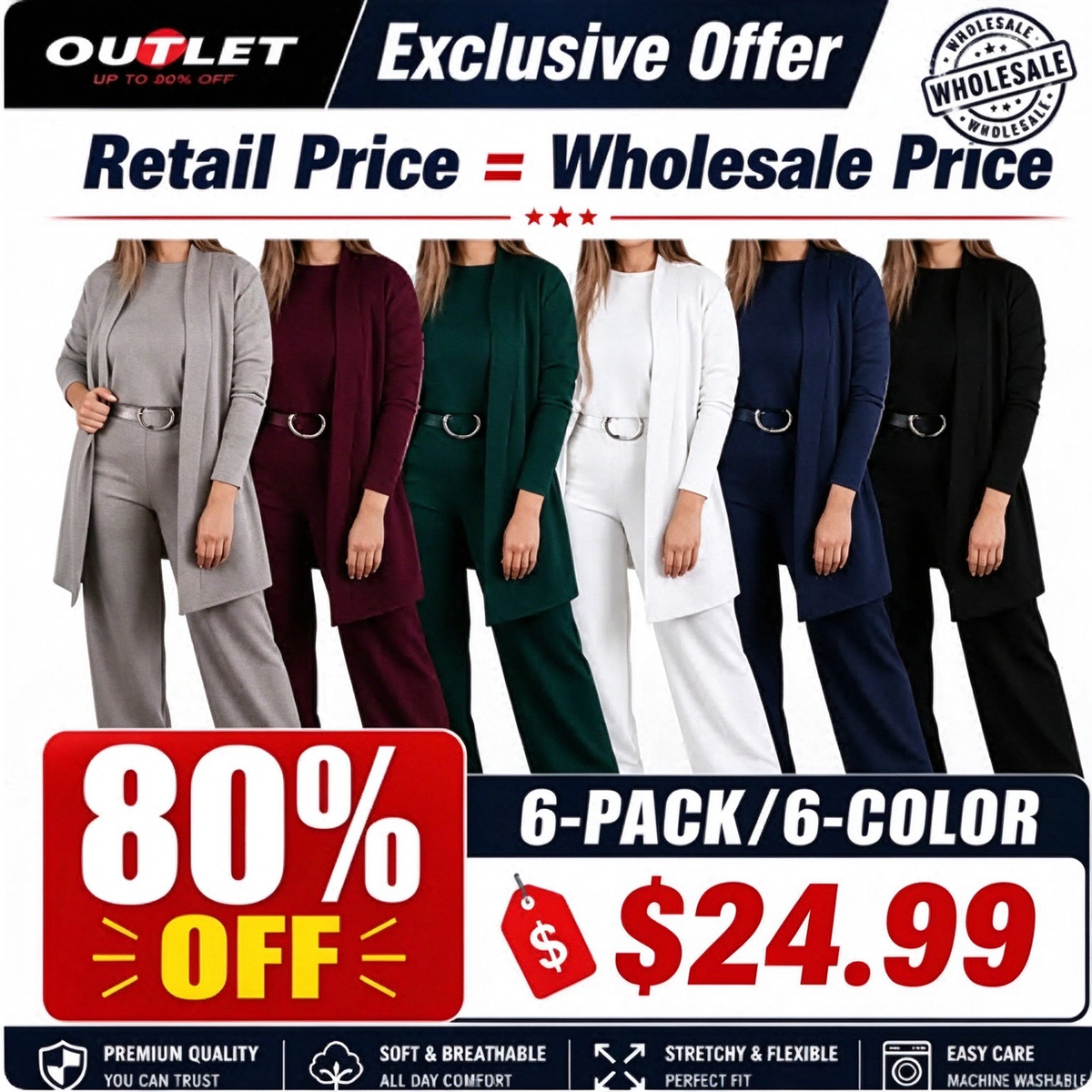 Elegant 3-piece set including long cardigan, top and pants