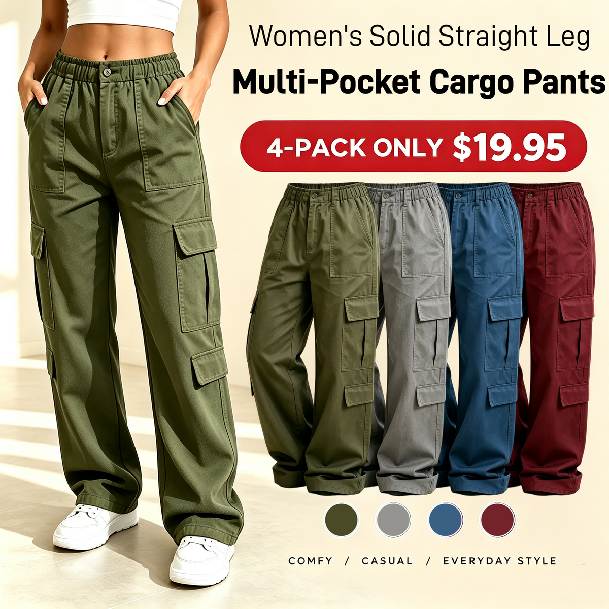 LAST DAY SALEWomen's Solid Straight Multi-Pocket Cargo Pants