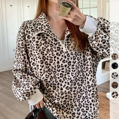 🔥Limited-Time Special Offer|Women's Leopard Print Oversized Half-Zip Pullover – Soft Casual Sweatshirt