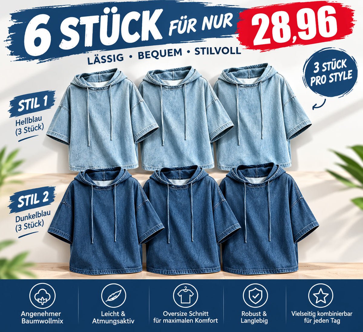 Lässiger, weit geschnittener Jeans-Kapuzenpullover für Damen