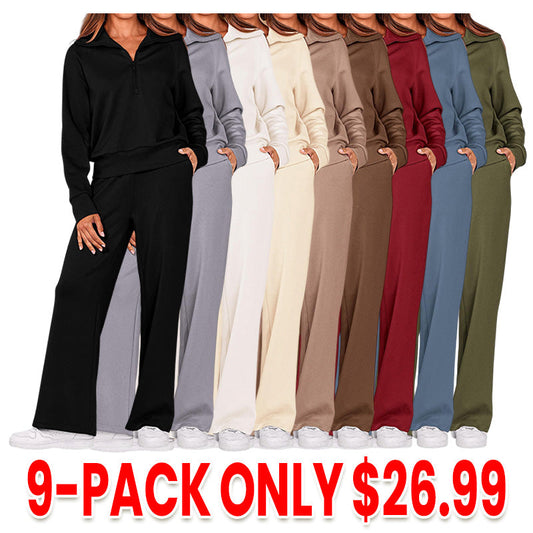 Women's 2 Piece Outfits Casual Lapel Half Zip Sweatshirts And Wide Leg Pants Tracksuit Sets