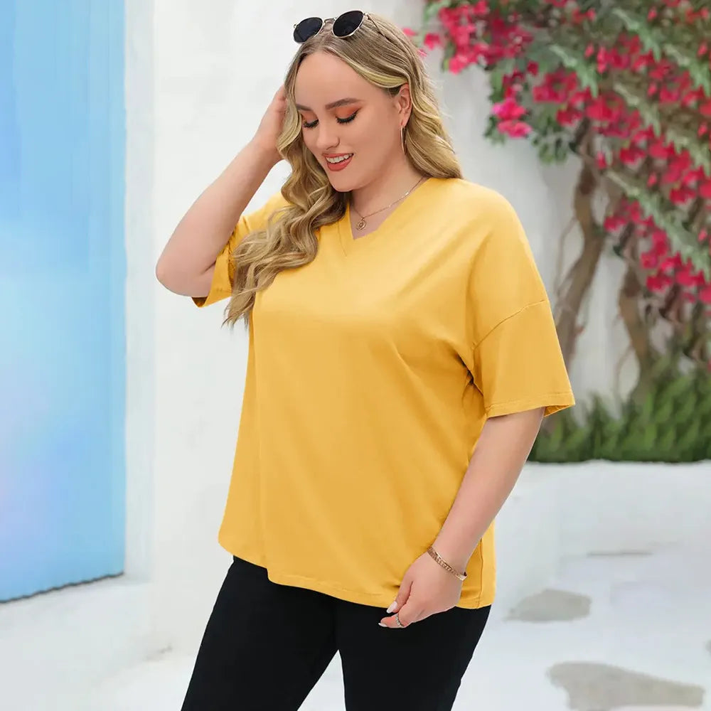 Women's Oversized Short Sleeve V-Neck Blouse – Lightweight Casual Summer Top