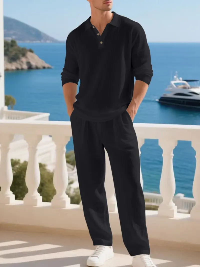 Men's Natural Linen Casual Set, Polo Neck Shirt & Loose Long Pants