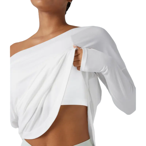 Women's Long-Sleeve Off-Shoulder Athletic Top with Curved Hem and Built-in Bra