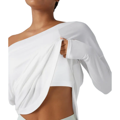 Women's Long-Sleeve Off-Shoulder Athletic Top with Curved Hem and Built-in Bra