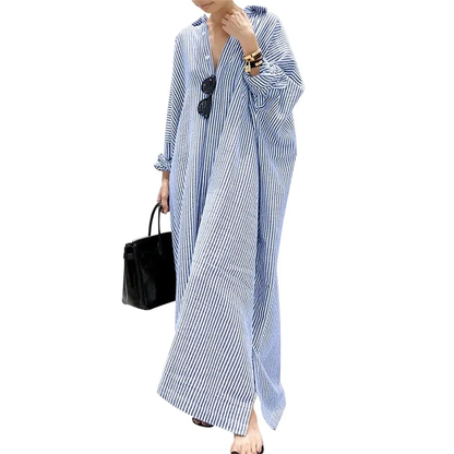 Women's Casual Long Sleeve Button Down Loose Striped Cotton Maxi Shirt Dress – Batwing Sleeves Breathable Lightweight Beach Caftan