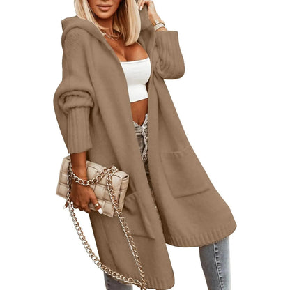 Women's Long Cardigans Cable Knitted Open Front Oversized Hooded Outerwear Sweater Coat