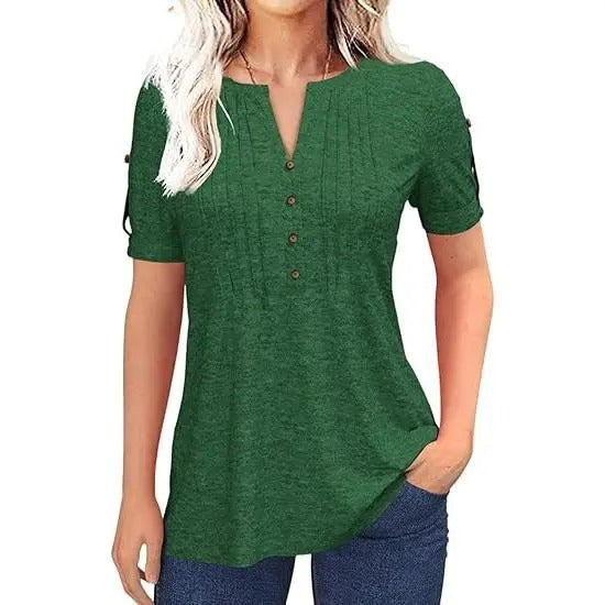 Women's Short Sleeve V-Neck Pleated Button Top