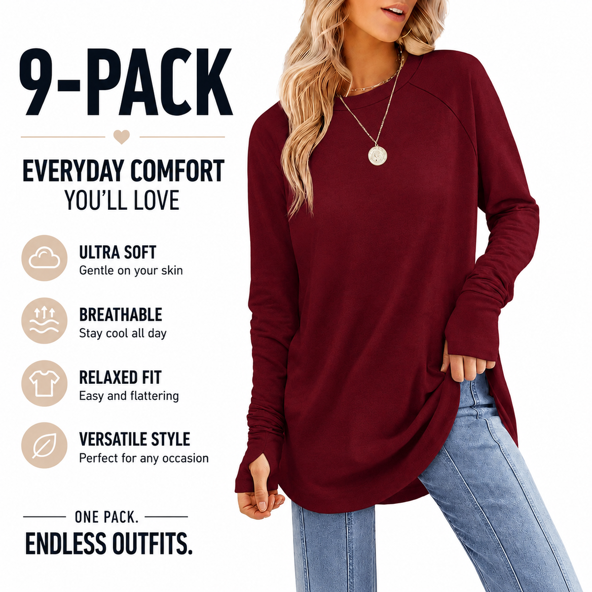 Women's Casual Long Sleeve Tops Crew Neck Round Hem Loose T-Shirts Tunic Tops with Thumb Holes